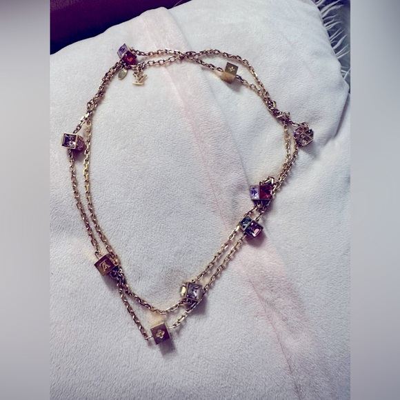 Louis Vuitton Collier Gamble Crystal Cube Gold Tone Long Necklace Authentic - Picture 15 of 17